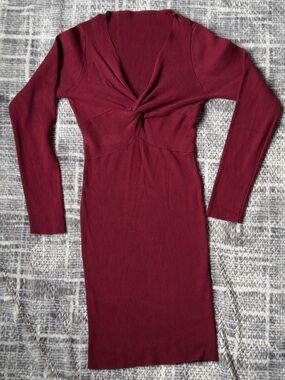 Boutique Burgundy Twist-Front Ribbed Knit Long Sleeve Dress (Size Large)🖤
